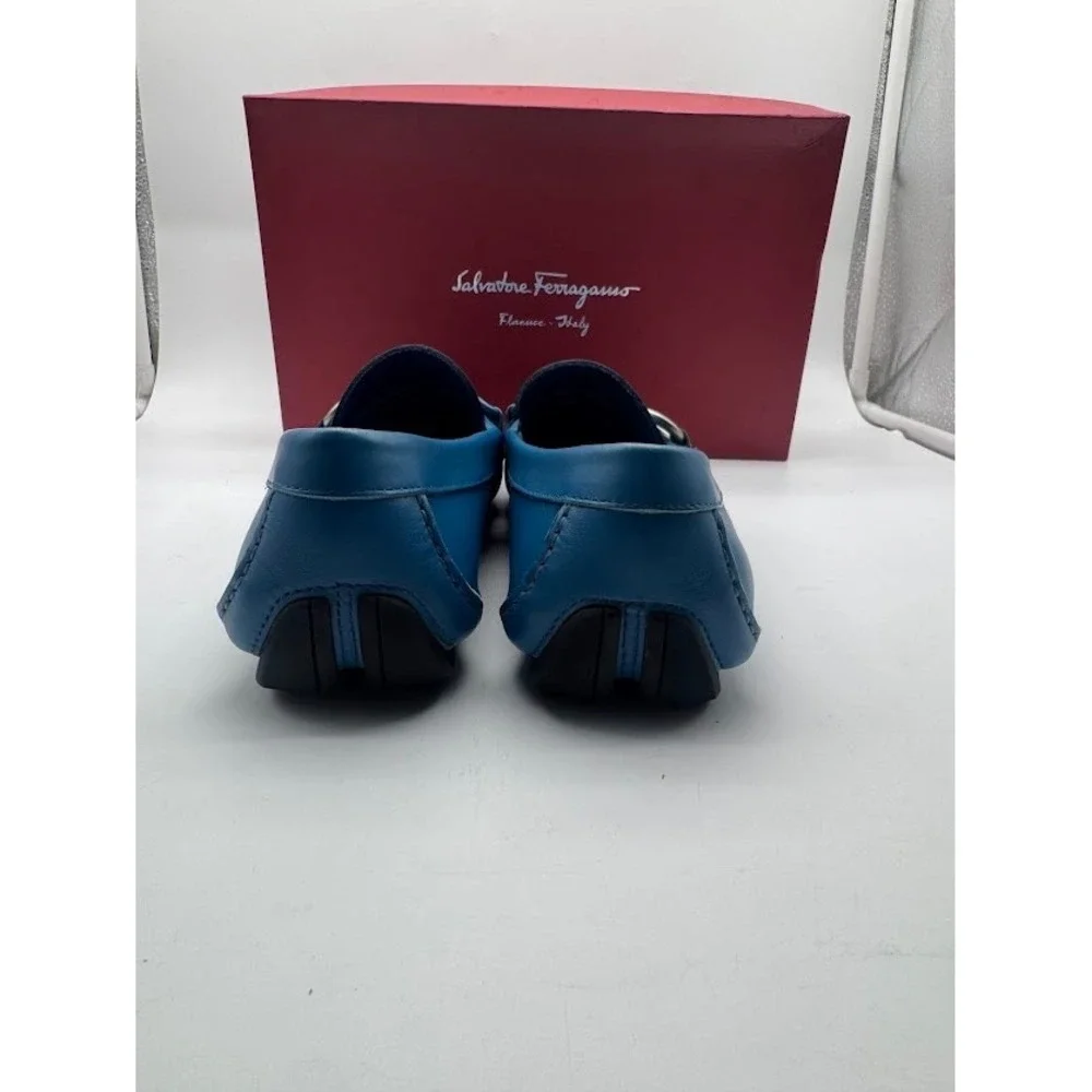 Salvatore Ferragamo Paris Blue Leather Gancini Driving Loafers Mens 8.5 D Italy